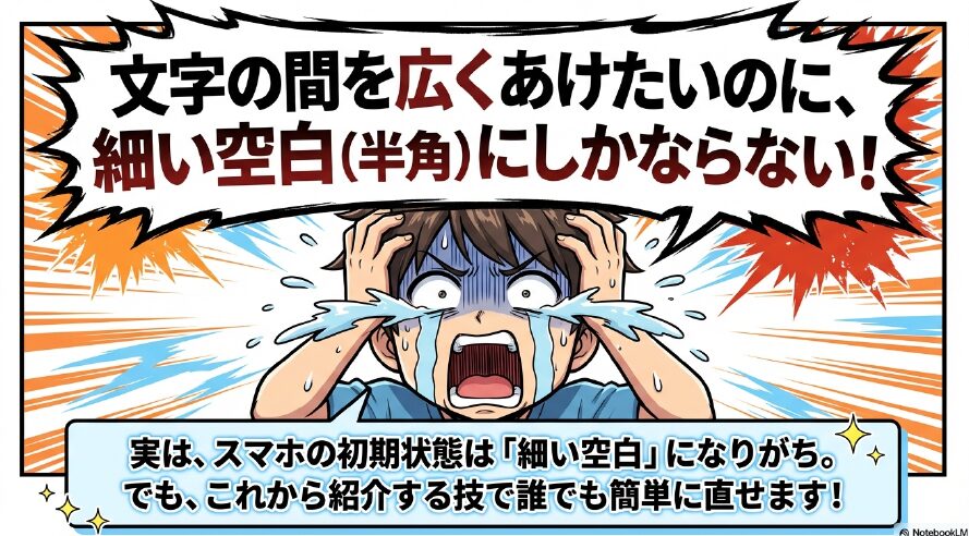 文字の間を広くあけたいのに細い空白(半角)にしかならない!実はスマホの初期状態は細い空白になりがち。