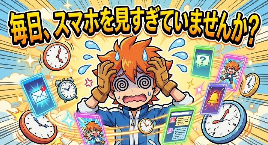 毎日スマホを見すぎていないか問いかけるイラスト