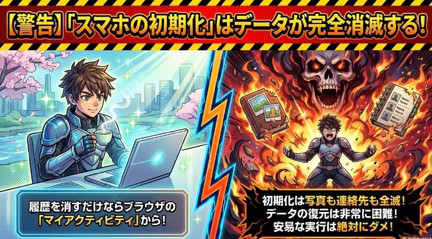 スマホの初期化によるデータ完全消滅の危険性を知らせる警告メッセージ
