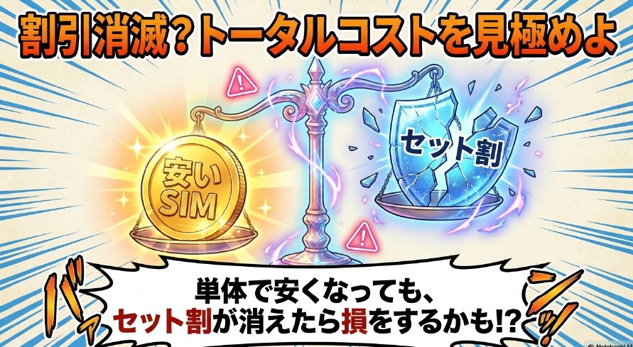 割引消滅？トータルコストを見極めよ。単体で安いSIMになっても、スマホとのセット割が消えたら損をするかもしれないという図解