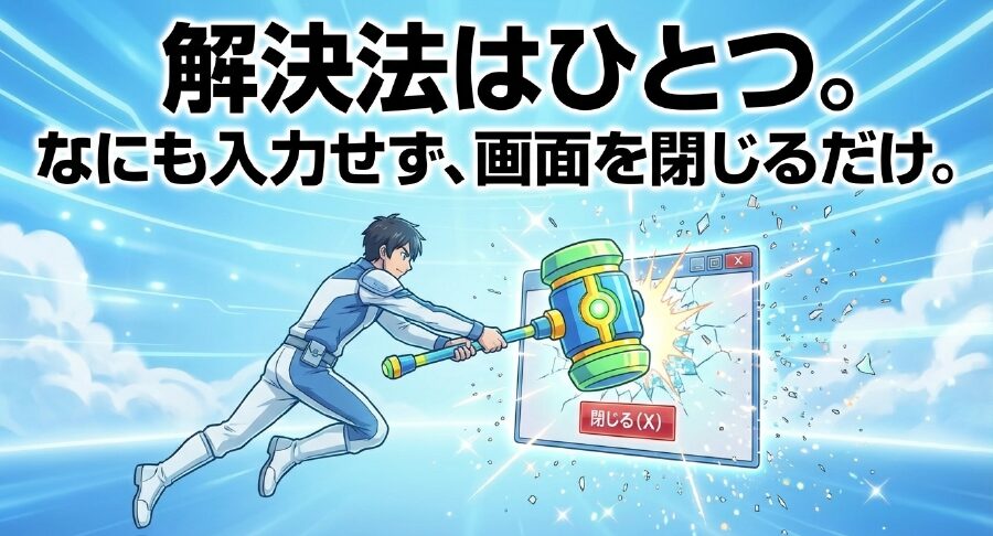 「解決法はひとつ。なにも入力せず、画面を閉じるだけ。」というメッセージと、ブラウザの閉じるボタン（X）を強調した図 。
