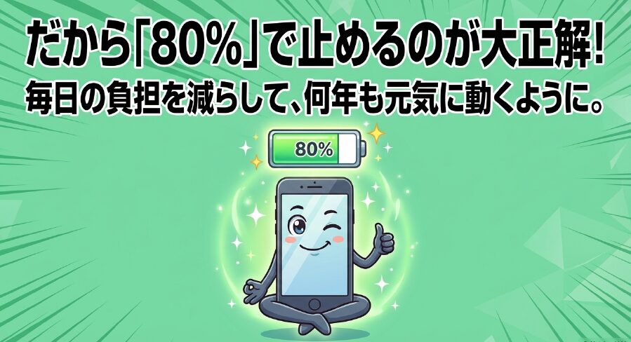 座禅を組んだスマホのキャラクターと共に、「だから『80%』で止めるのが大正解! 毎日の負担を減らして、何年も元気に動くように。 」と推奨するスライド画像