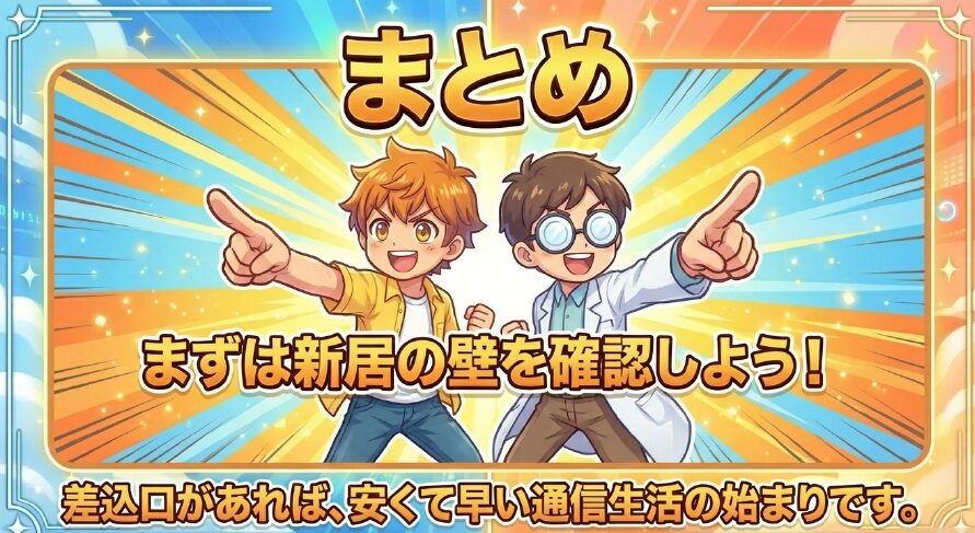 無派遣工事のまとめとして、まずは新居の壁を確認し、差込口があれば安くて早い通信生活が始まることを伝えたスライド