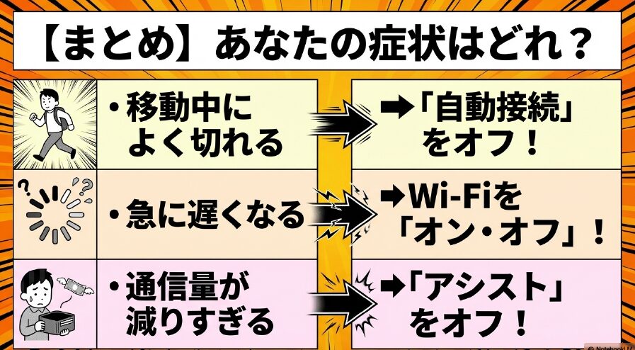 【まとめ】あなたの症状はどれ？移動中によく切れる場合は「自動接続」をオフ、急に遅くなる場合はWi-Fiを「オン・オフ」、通信量が減りすぎる場合は「アシスト」をオフ
