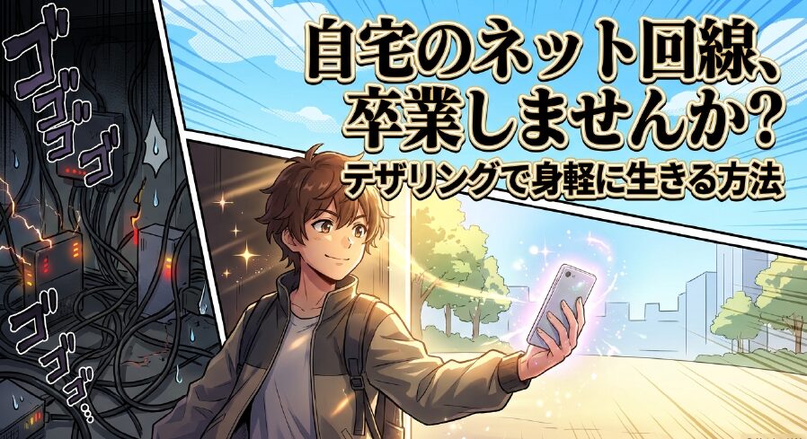 「自宅のネット回線、卒業しませんか？ テザリングで身軽に生きる方法」というタイトルが書かれた、記事のアイキャッチ用スライド画像