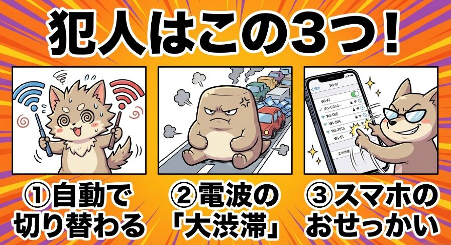 犯人はこの3つ！①自動で切り替わる、②電波の大渋滞、③スマホのおせっかい