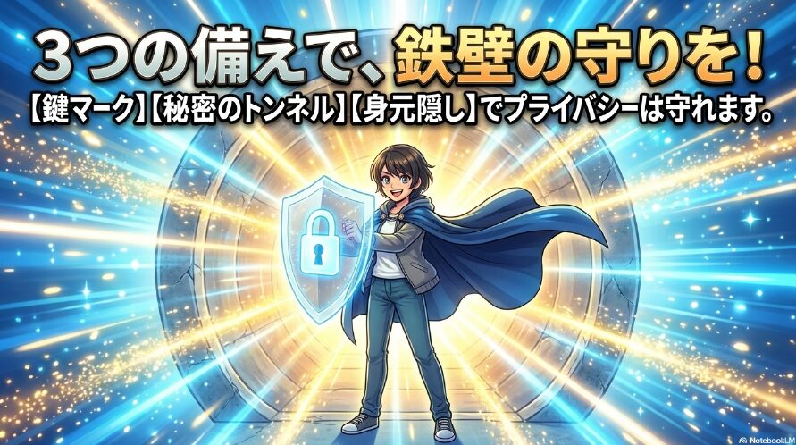 鍵マーク、秘密のトンネル、身元隠しの3つの備えでプライバシーを守る鉄壁の守りのまとめ