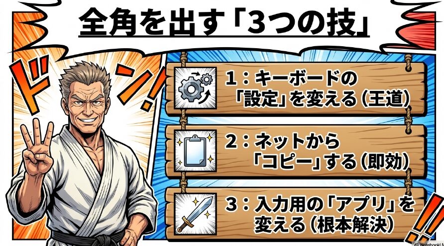 全角を出す3つの技。1:キーボードの設定を変える、2:ネットからコピーする、3:入力用のアプリを変える