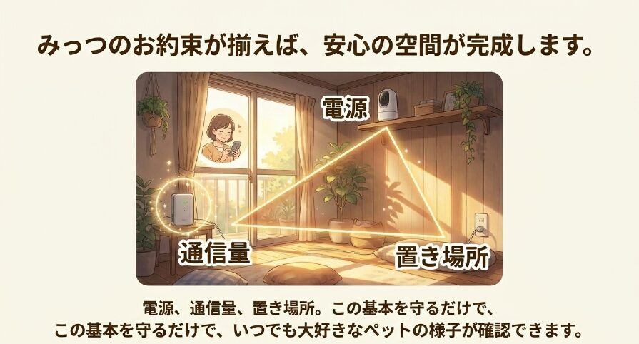 電源、通信量、置き場所という3つの基本を守ることで、いつでもペットの様子が確認できる安心の空間が完成することを示す図。