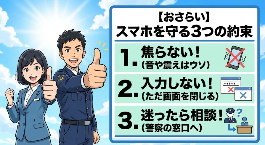 おさらいとして、スマホを守る3つの約束（1.焦らない、2.入力しない、3.迷ったら相談）をシンプルにまとめた表 。
