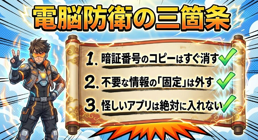 暗証番号のコピーはすぐ消す、不要な情報の固定は外す、怪しいアプリは絶対に入れない、という電脳防衛の三箇条