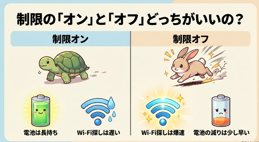 制限オンは電池長持ちで通信が遅く、制限オフは通信が爆速だが電池消費が早いという比較