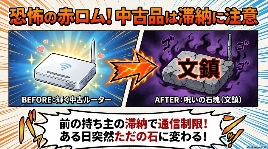恐怖の赤ロム！中古品は前の持ち主の滞納による通信制限に注意。輝く中古ルーターがある日突然、呪いの石塊（文鎮）に変わるイメージ