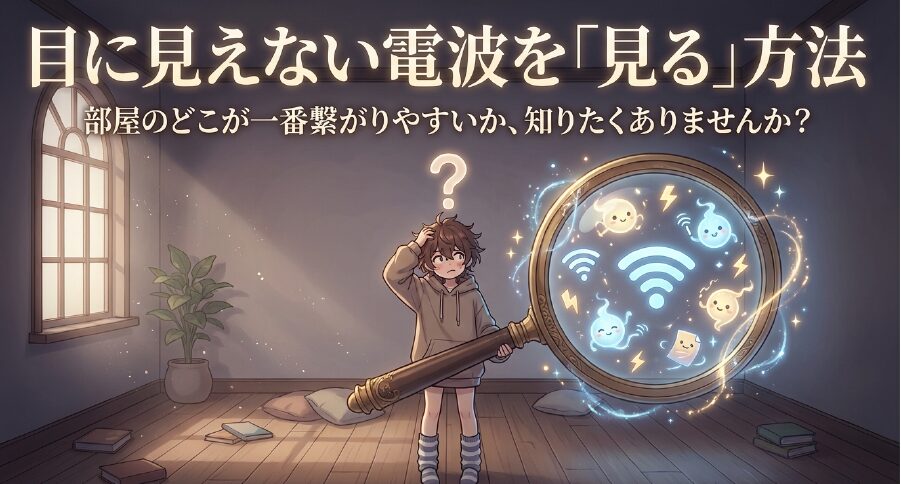 目に見えない電波を「見る」方法、部屋のどこが一番繋がりやすいか知りたくありませんか?と問いかけるスライド