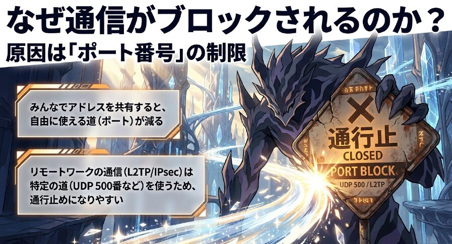 VPN通信がブロックされる原因はポート番号の制限。L2TP/IPsecは特定のポートを使うため制限されやすい