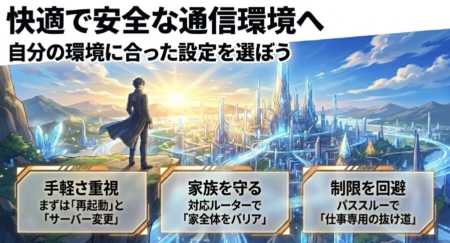 手軽さ重視の再起動、対応ルーターによる保護、パススルーによる制限回避など、環境に合った設定を選ぼう
