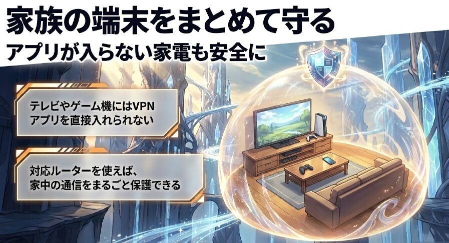VPN対応ルーターを使えば、アプリを入れられない家電やゲーム機を含め家中の通信を保護できる