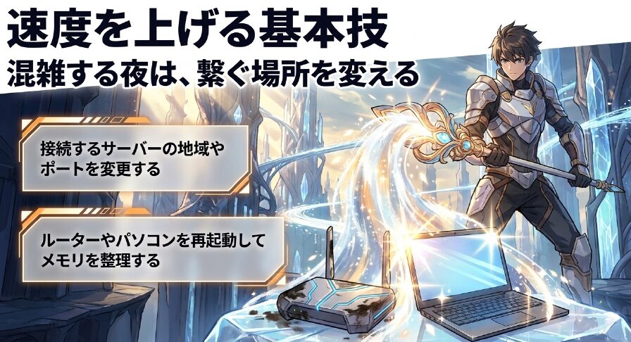 VPNの速度を上げる基本技として、接続先サーバーの変更やルーターの再起動が有効