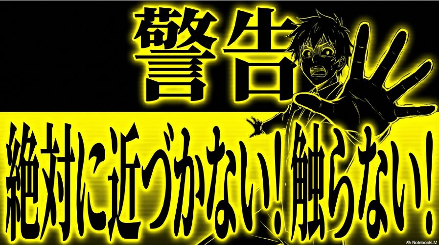 警告：垂れ下がった線には絶対に近づかない、触らないように注意喚起するイラスト