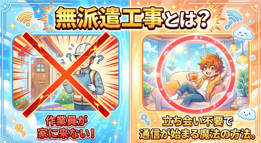 無派遣工事とは作業員が家に来ず、立ち会い不要で通信が始まる魔法の方法であることを説明したスライド