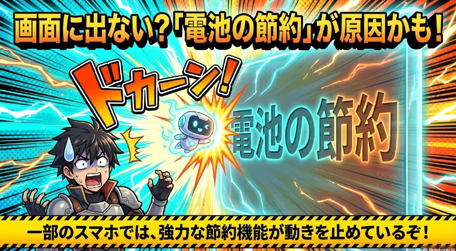 ウィジェットが表示されない原因である強力な電池の節約機能を説明するイラスト