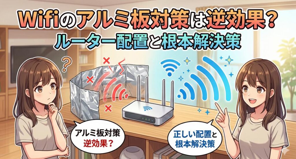 「Wifiのアルミ板対策は逆効果？ルーター配置と根本解決策」というタイトルのアニメ調アイキャッチ画像。Wifiルーターをアルミホイルで囲んで電波が乱れている様子（左）と、正しい配置で電波が改善している様子（右）を日本人女性のキャラクターが比較しているイラスト。