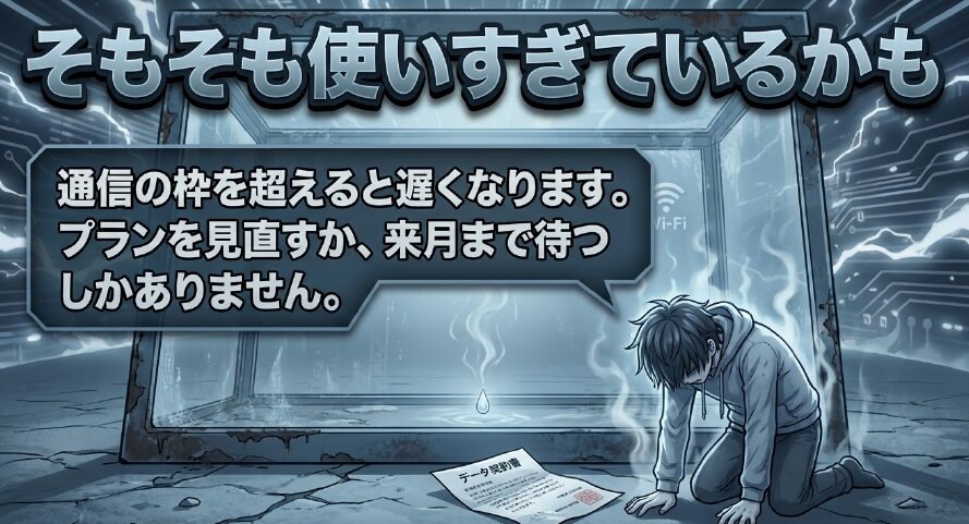 通信の枠を超えて遅くなっている状態と、データプラン見直しの必要性を解説するスライド