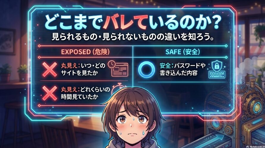 丸見えになる情報（いつ・どのサイトを・どのくらいの時間見たか）と安全な情報（パスワードや書き込んだ内容）の比較