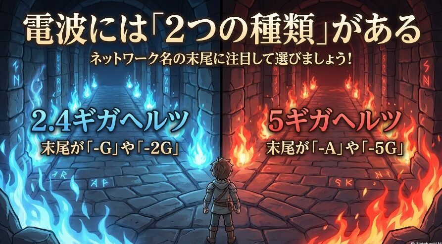 ネットワーク名の末尾に注目し、2.4GHzと5GHzの2つの種類の電波を選ぶよう促すスライド