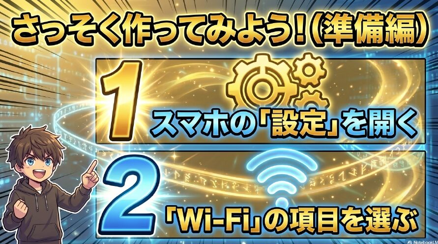 スマホの設定からWi-Fiを選び、共有ボタンを押してQRコードを完成させるまでの手順