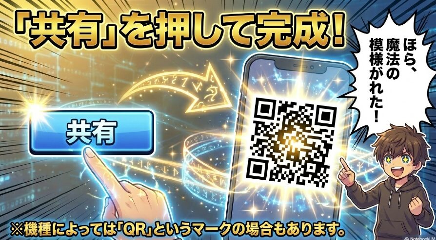 スマホの設定からWi-Fiを選び、共有ボタンを押してQRコードを完成させるまでの手順