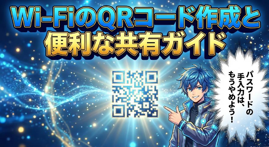 「Wi-FiのQRコード作成と便利な共有ガイド」というタイトルと、「もうやめよう!パスワードの手入力は、」というメッセージが記載されたスライドの表紙画像