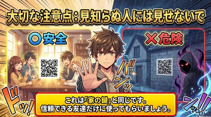 Wi-FiのQRコードは見知らぬ人には見せず、信頼できる友達だけに使ってもらう注意喚起