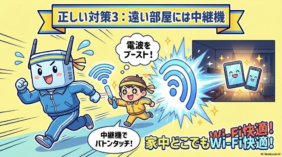 遠い部屋には中継機を使ってWi-Fiの電波を中継し、通信を快適にするイメージ