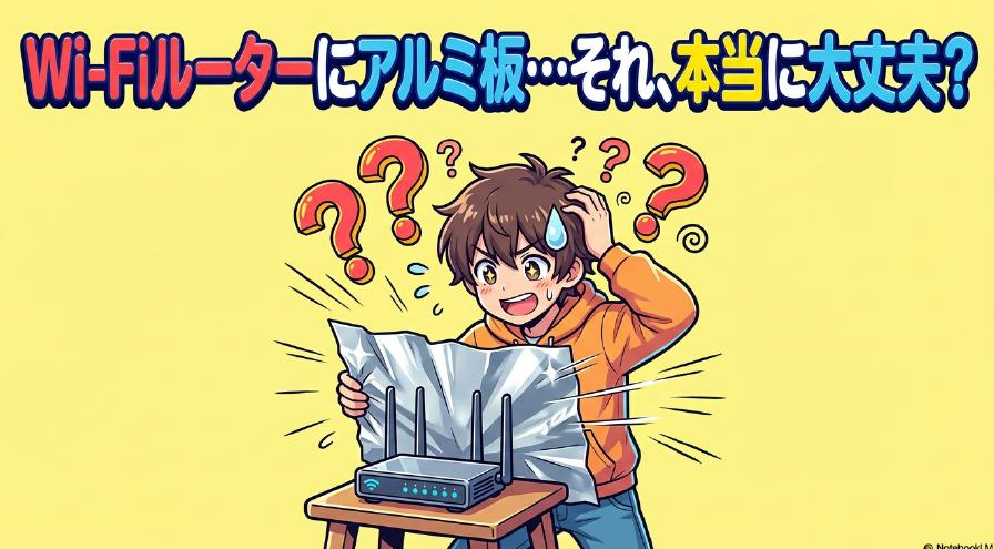 Wi-Fiルーターにアルミ板を巻いて効果があるのか悩む男の子のイラスト