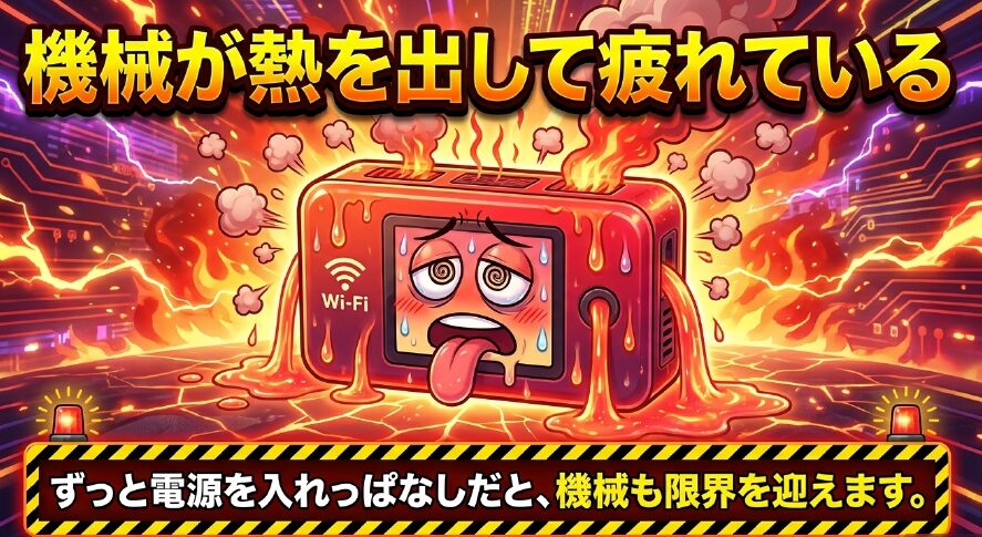 ずっと電源を入れっぱなしにすることで、機械が熱を出して限界を迎えている状態を表すイラスト 