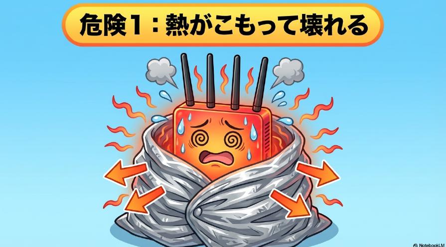 アルミホイルで巻かれたWi-Fiルーターが熱を逃がせず高温状態になっているイラスト