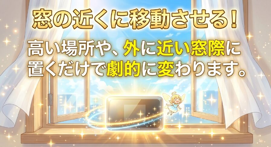ルーターを高い場所や外に近い窓際に移動させるだけでWi-Fi環境が劇的に変わるという解決策の図解