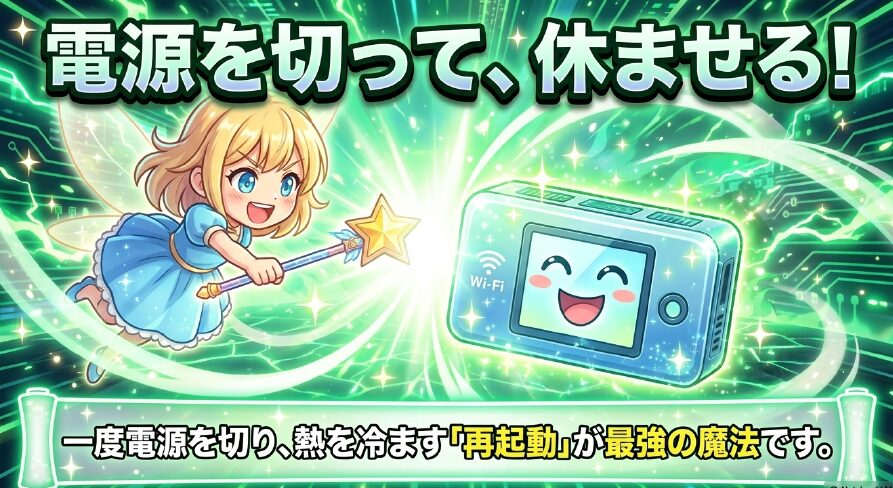 一度電源を切り、熱を冷まして休ませる「再起動」が最強の解決策であることを示すスライド 