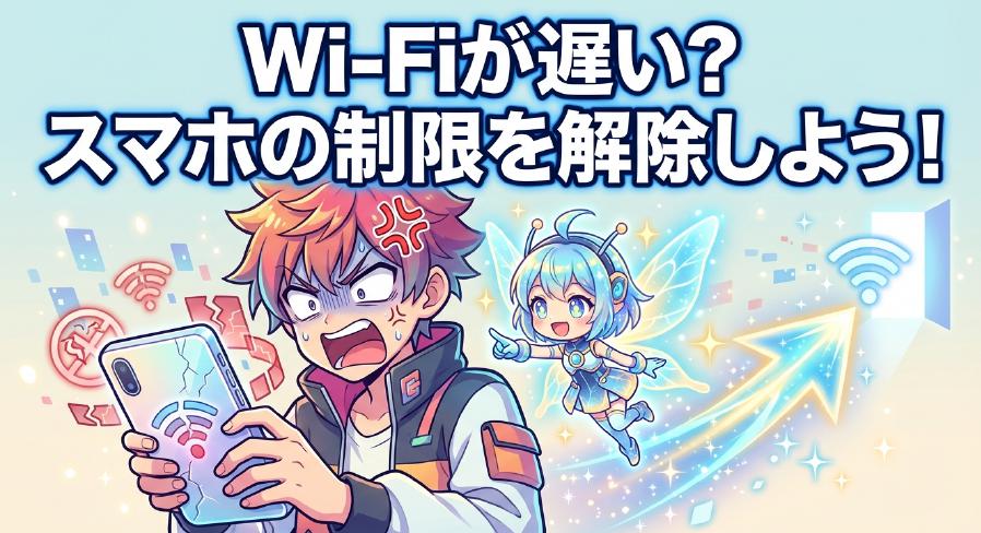 スマホのWi-Fiが遅い原因である「通信制限」の解除を提案するアイキャッチ画像