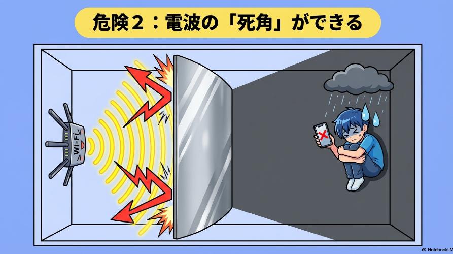 アルミ板がWi-Fiの電波を遮り、死角ができてスマホが繋がらず困っているイラスト