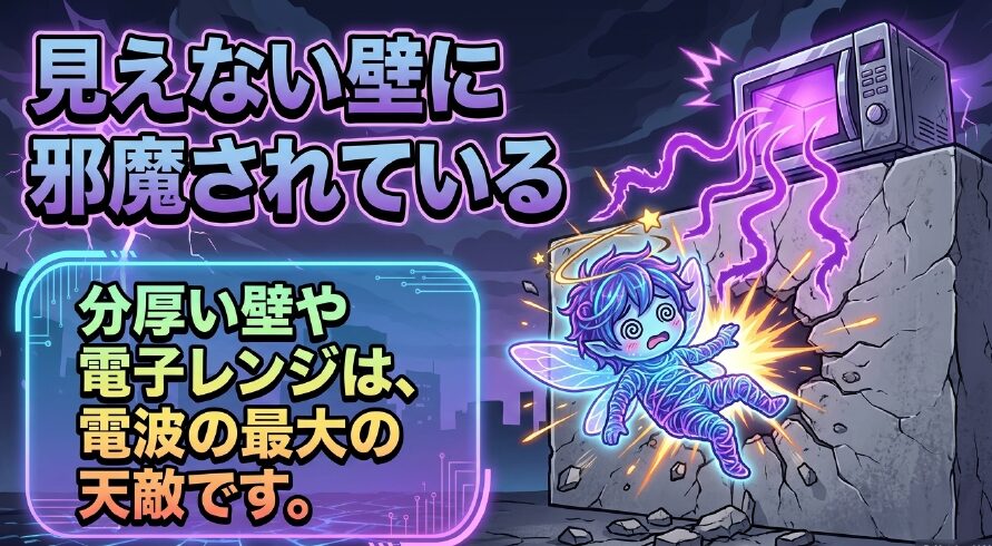 分厚い壁や電子レンジなど、見えない壁がWi-Fi電波の最大の天敵であることを説明するスライド