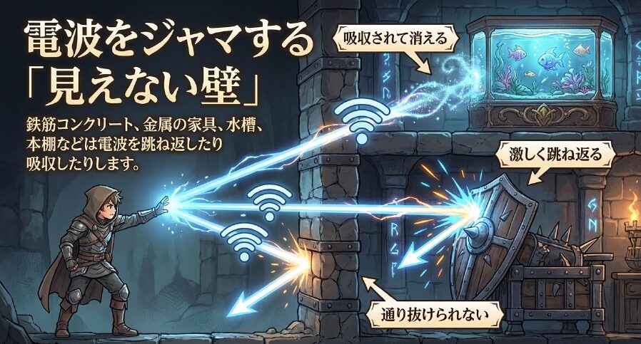 鉄筋コンクリートや金属の家具など、電波を跳ね返したり吸収したりする見えない壁について解説したスライド