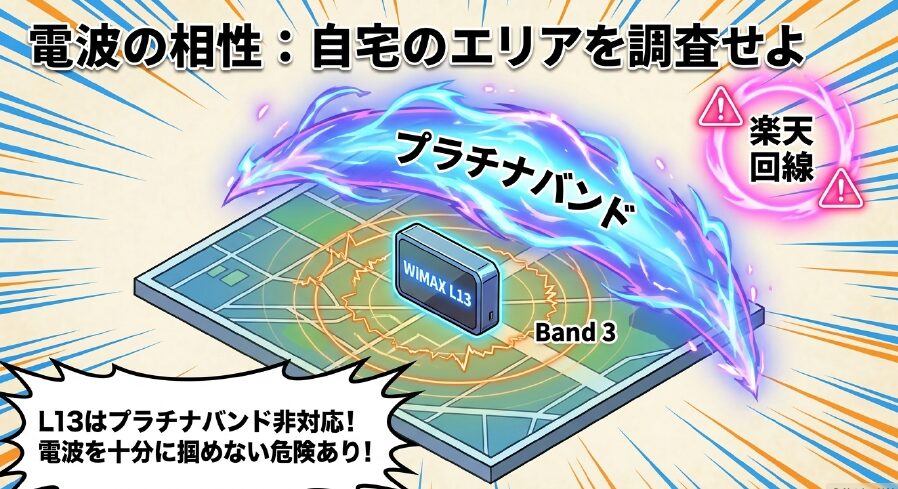 電波の相性：自宅のエリアを調査せよ。WiMAX L13は楽天回線のプラチナバンド非対応のため、電波を十分に掴めない危険があるという解説