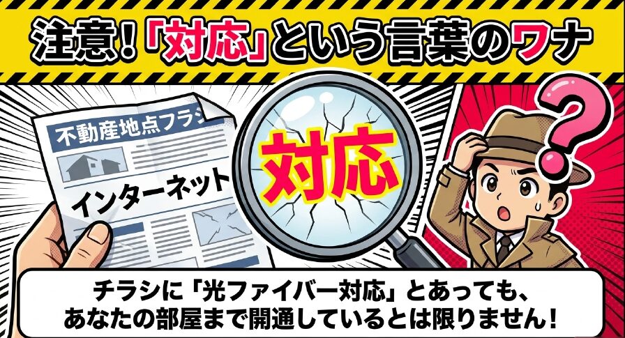 不動産チラシの「光ファイバー対応」という言葉の罠に注意を促すイラスト