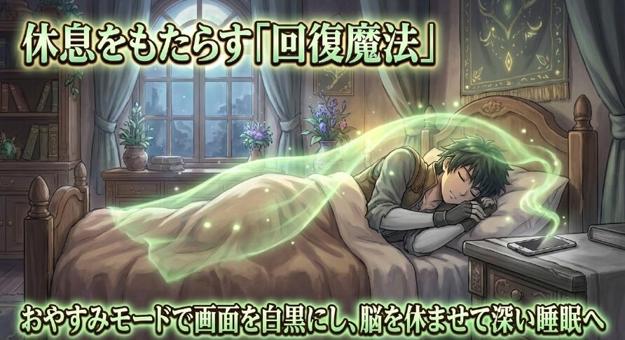 おやすみ時間モードを設定してスマホ画面を白黒にし、脳を休ませて深い睡眠を促す回復魔法