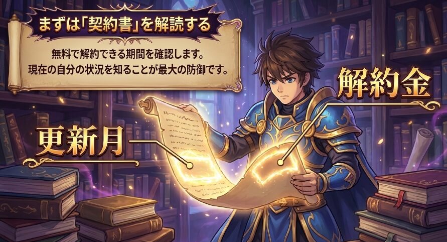 契約書を解読し、無料で解約できる更新月や解約金の期間を確認する様子