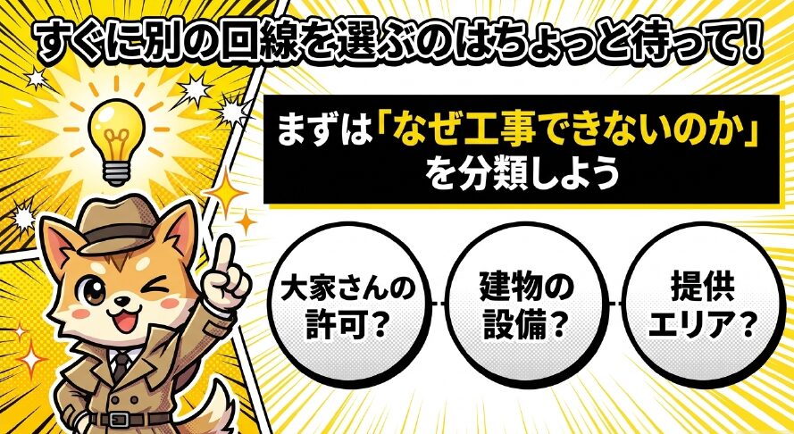 なぜ光回線の工事ができないのか、原因を大家さんの許可・建物の設備・提供エリアの3つに分類するイラスト