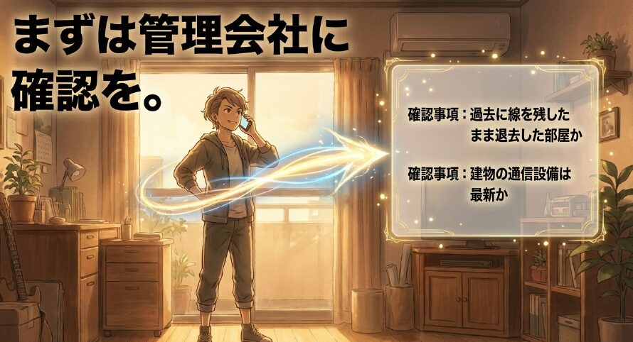 光回線の工事前に管理会社へ過去の線の残置状況や通信設備の最新状況を確認するよう促すスライド