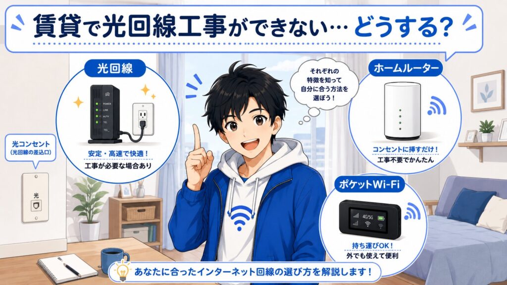 賃貸で光回線工事ができないときに、光回線・ホームルーター・ポケットWi-Fiの選び方を解説したイラスト